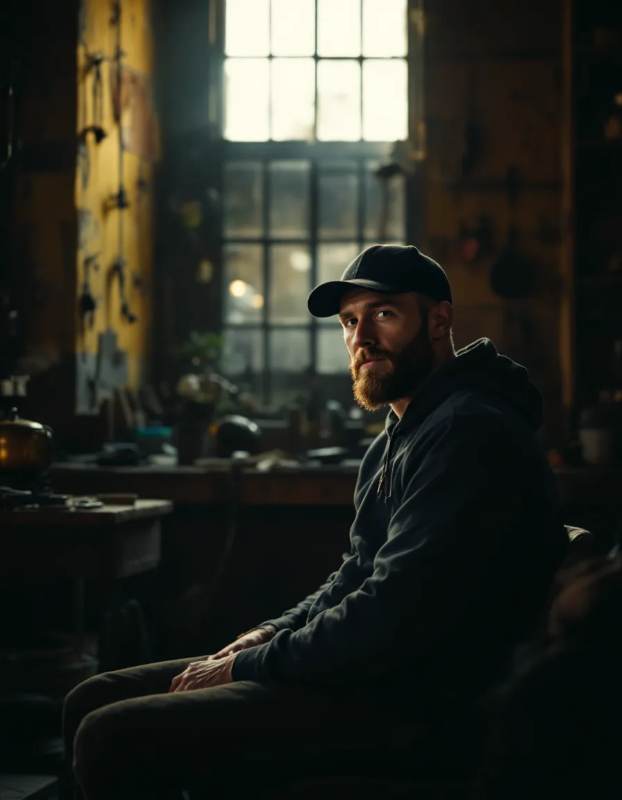 A founder sitting in soft window light inside a workshop, shot as a duotone documentary portrait